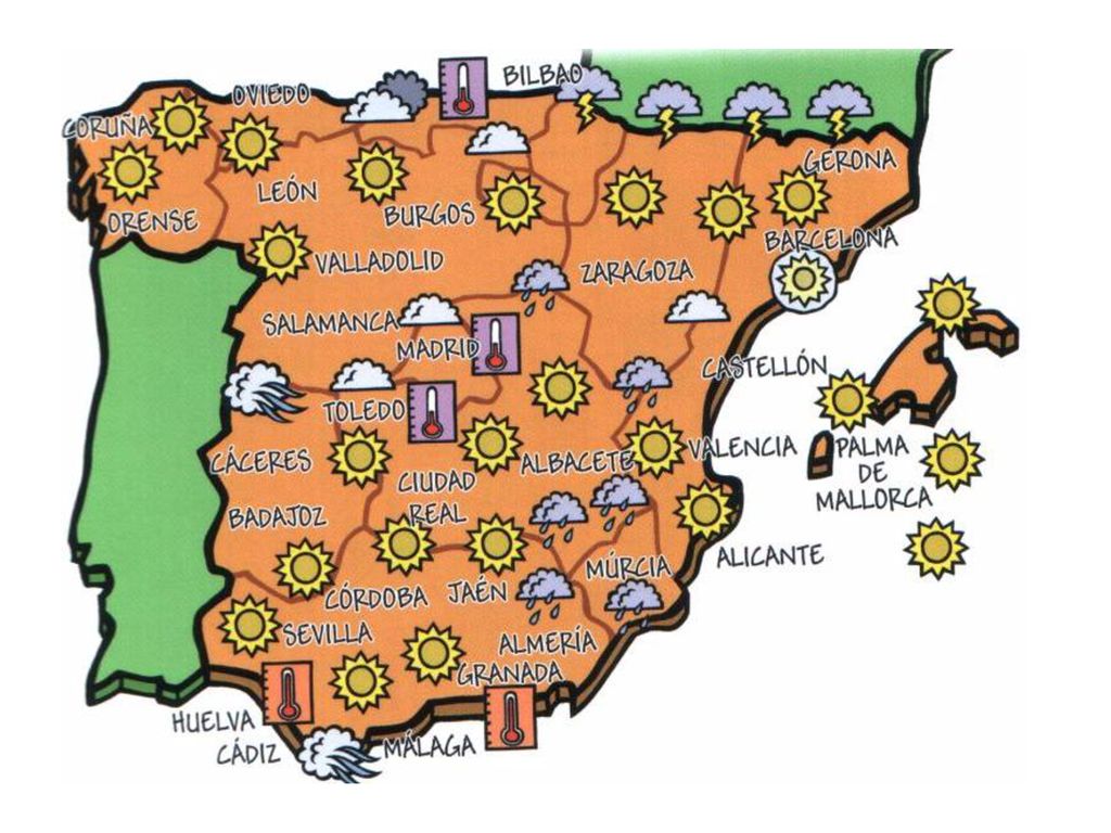 Use this map to revise weather expressions, and positioning words – en el norte etc and en la costa.
