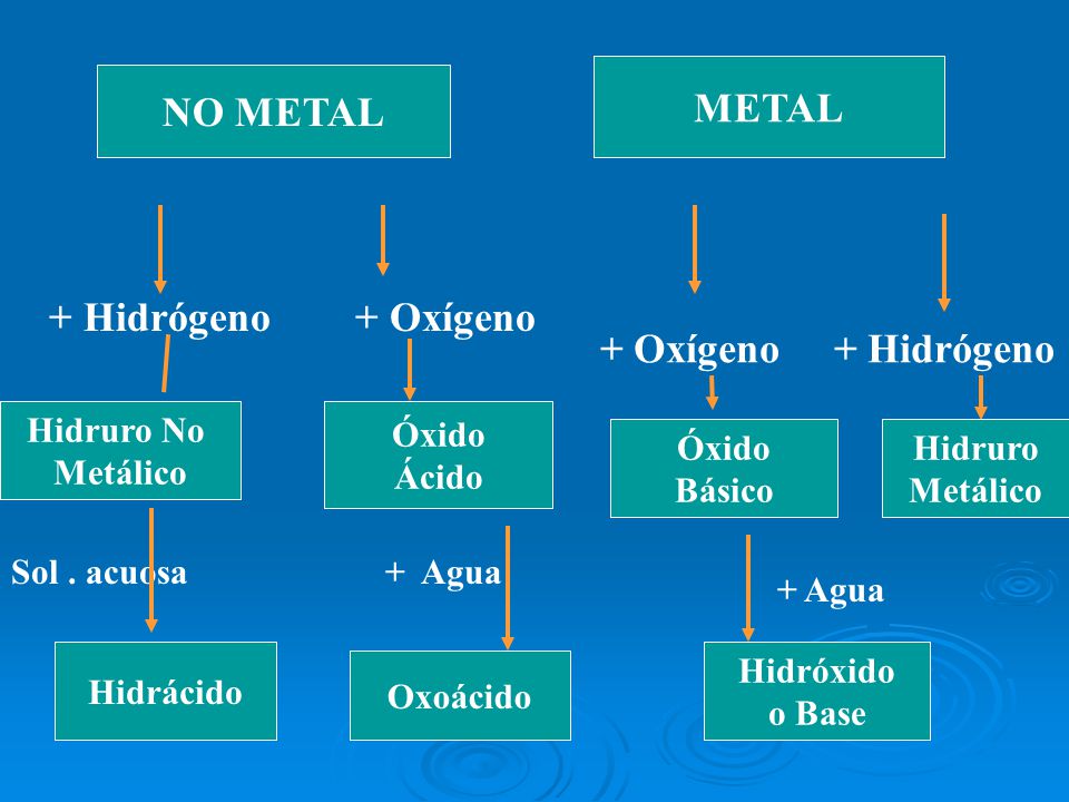 METAL NO METAL + Hidrógeno + Oxígeno + Oxígeno + Hidrógeno Hidruro No