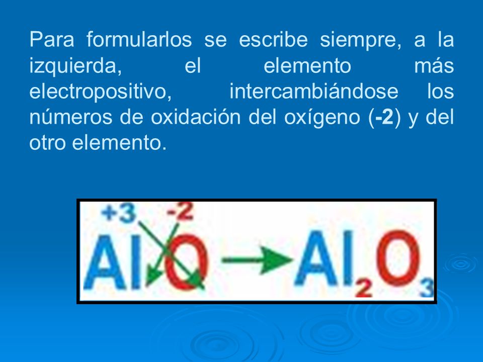 Para formularlos se escribe siempre, a la izquierda, el elemento más electropositivo, intercambiándose los números de oxidación del oxígeno (-2) y del otro elemento.