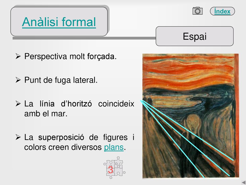 Anàlisi formal Espai 3 Perspectiva molt forçada. Punt de fuga lateral.