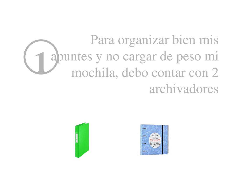 Para organizar bien mis apuntes y no cargar de peso mi mochila, debo contar con 2 archivadores