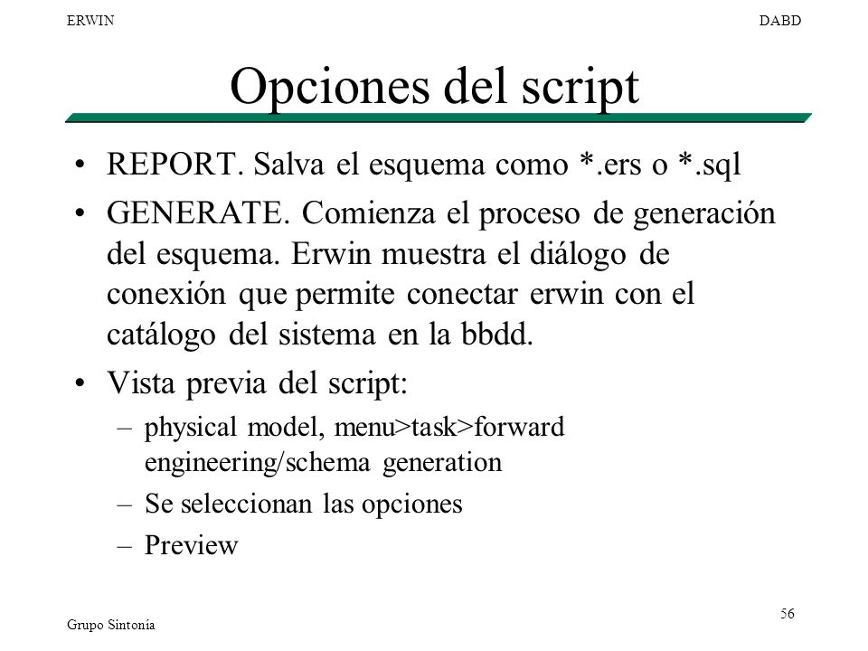 Opciones del script REPORT. Salva el esquema como *.ers o *.sql