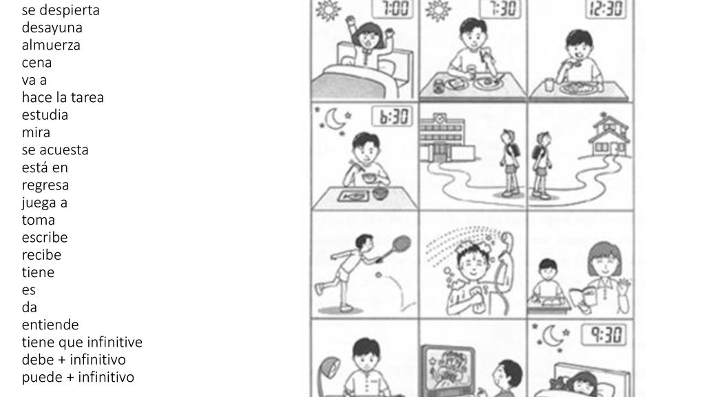 se despierta desayuna almuerza cena va a hace la tarea estudia mira se acuesta está en regresa juega a toma escribe recibe tiene es da entiende tiene que infinitive debe + infinitivo puede + infinitivo