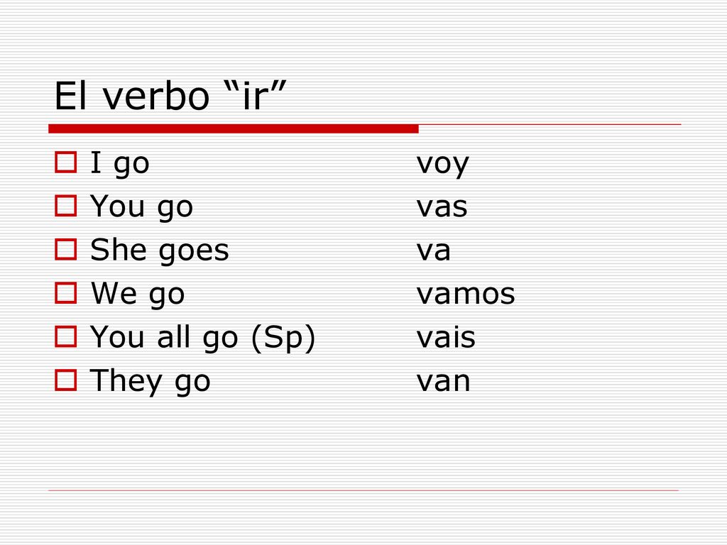 El verbo ir I go voy You go vas She goes va We go vamos