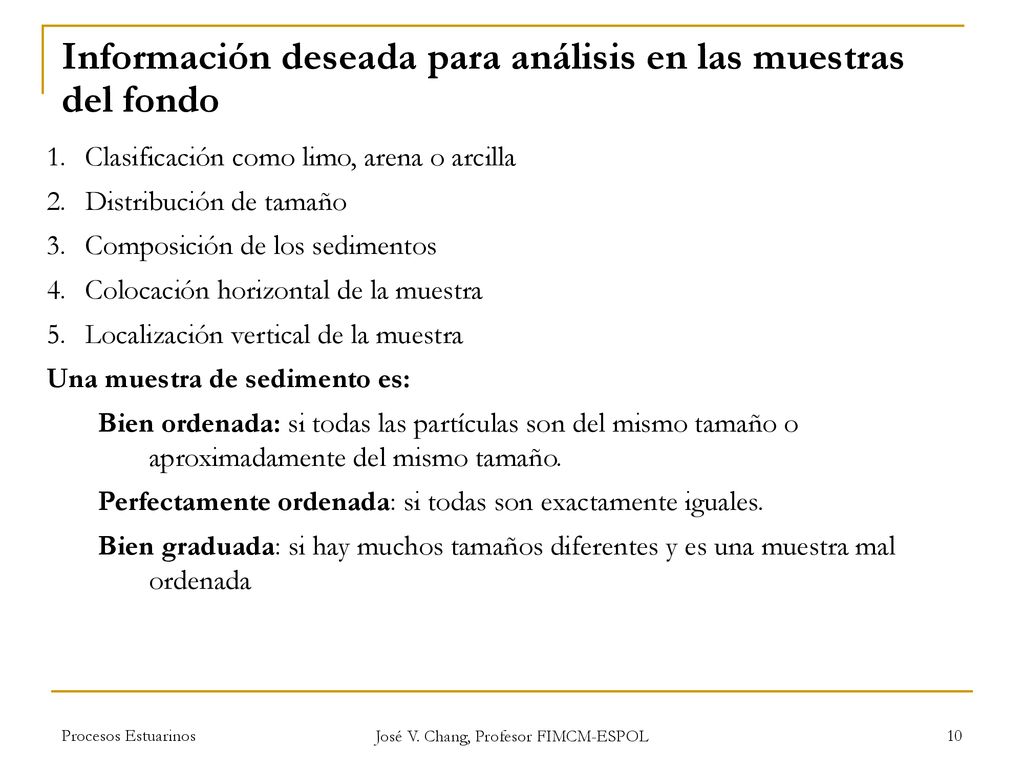 Información deseada para análisis en las muestras del fondo