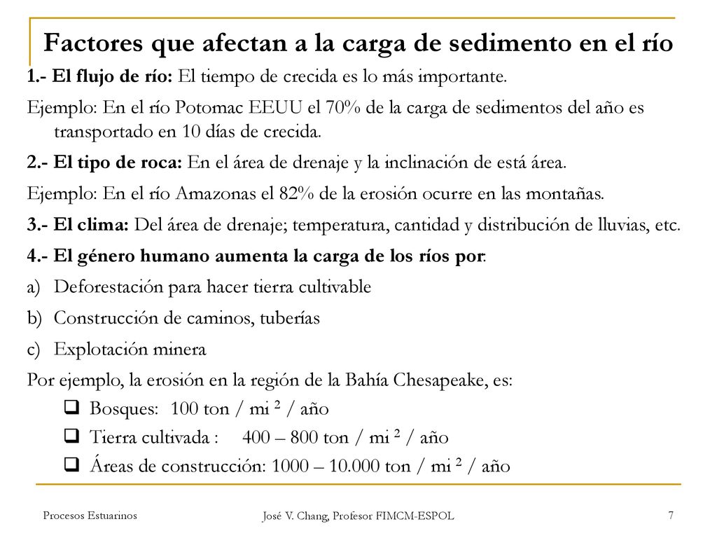 Factores que afectan a la carga de sedimento en el río