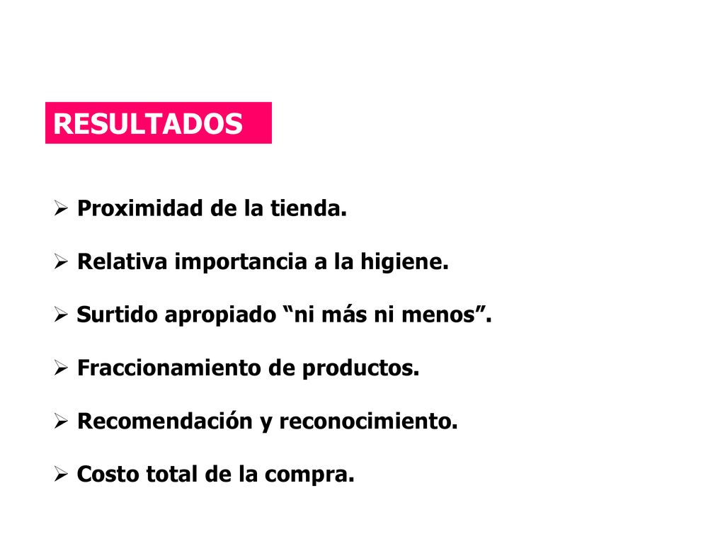 RESULTADOS Proximidad de la tienda. Relativa importancia a la higiene.