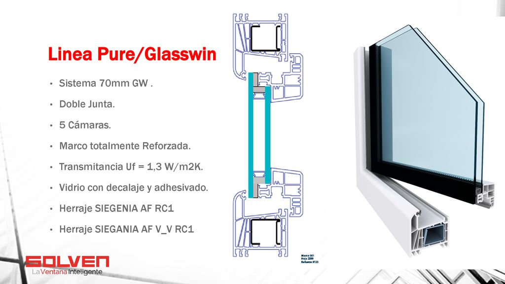 Linea Pure/Glasswin Sistema 70mm GW . Doble Junta. 5 Cámaras.