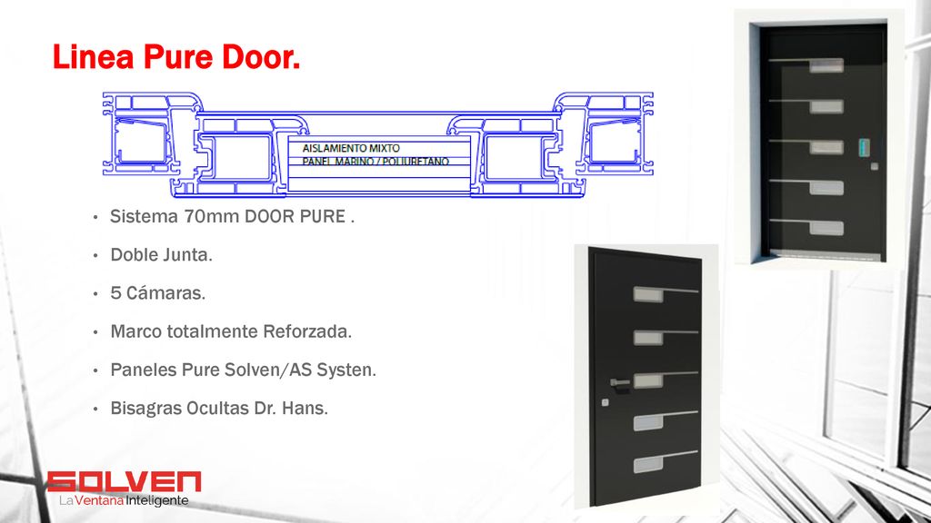 Linea Pure Door. Sistema 70mm DOOR PURE . Doble Junta. 5 Cámaras.