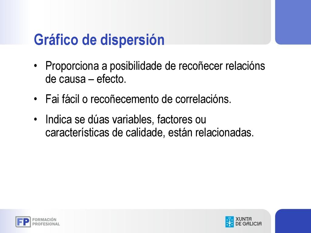Gráfico de dispersión Proporciona a posibilidade de recoñecer relacións de causa – efecto. Fai fácil o recoñecemento de correlacións.
