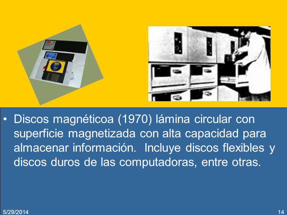 Discos magnéticoa (1970) lámina circular con superficie magnetizada con alta capacidad para almacenar información. Incluye discos flexibles y discos duros de las computadoras, entre otras.