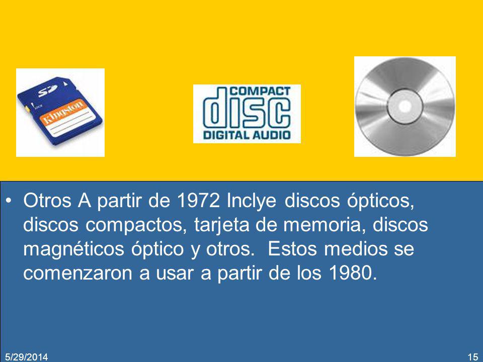 Otros A partir de 1972 Inclye discos ópticos, discos compactos, tarjeta de memoria, discos magnéticos óptico y otros. Estos medios se comenzaron a usar a partir de los 1980.