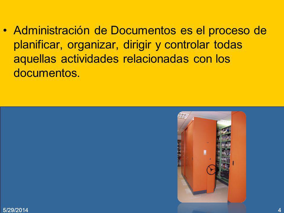 Administración de Documentos es el proceso de planificar, organizar, dirigir y controlar todas aquellas actividades relacionadas con los documentos.