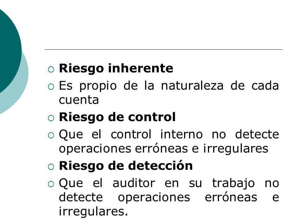 Riesgo inherente Es propio de la naturaleza de cada cuenta. Riesgo de control. Que el control interno no detecte operaciones erróneas e irregulares.