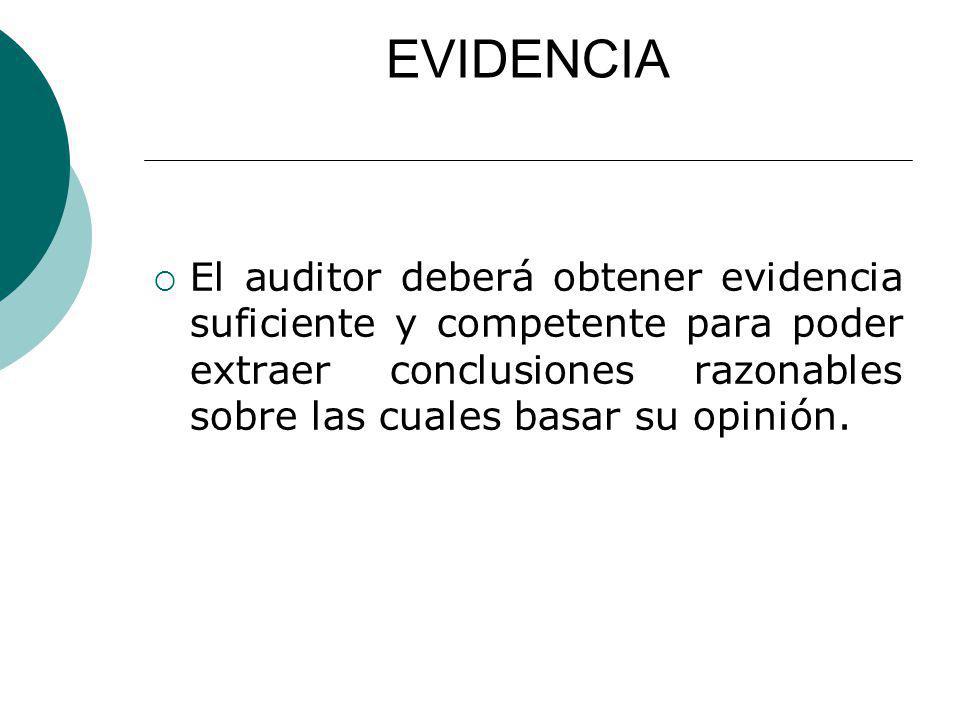 EVIDENCIA El auditor deberá obtener evidencia suficiente y competente para poder extraer conclusiones razonables sobre las cuales basar su opinión.