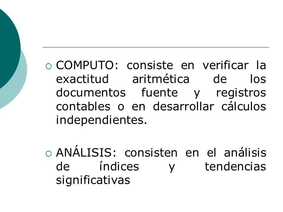 COMPUTO: consiste en verificar la exactitud aritmética de los documentos fuente y registros contables o en desarrollar cálculos independientes.