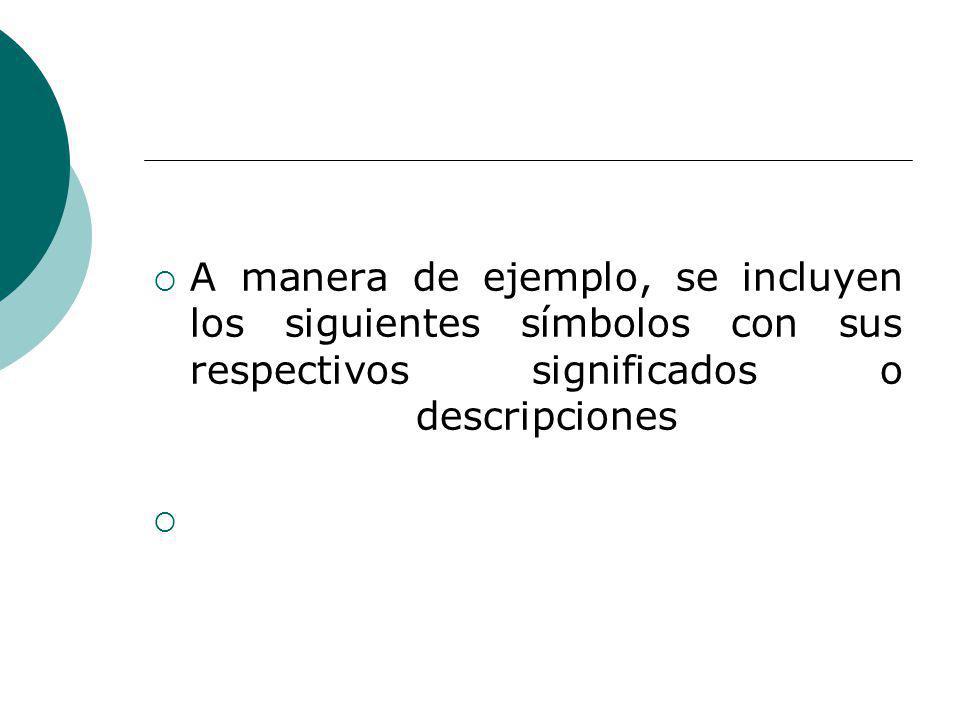 A manera de ejemplo, se incluyen los siguientes símbolos con sus respectivos significados o descripciones