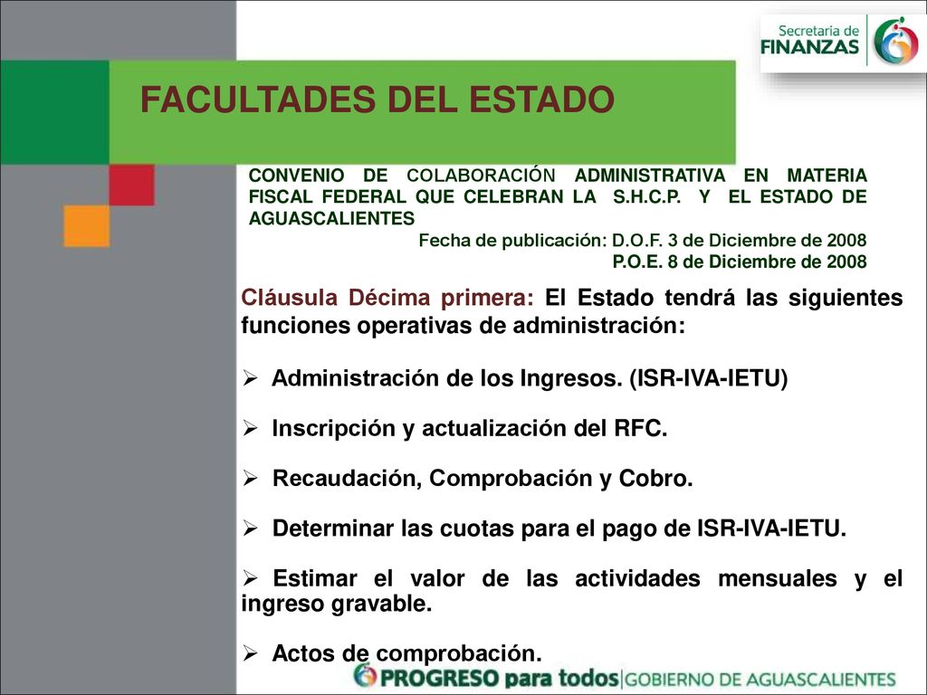 FACULTADES DEL ESTADO CONVENIO DE COLABORACIÓN ADMINISTRATIVA EN MATERIA FISCAL FEDERAL QUE CELEBRAN LA S.H.C.P. Y EL ESTADO DE AGUASCALIENTES.