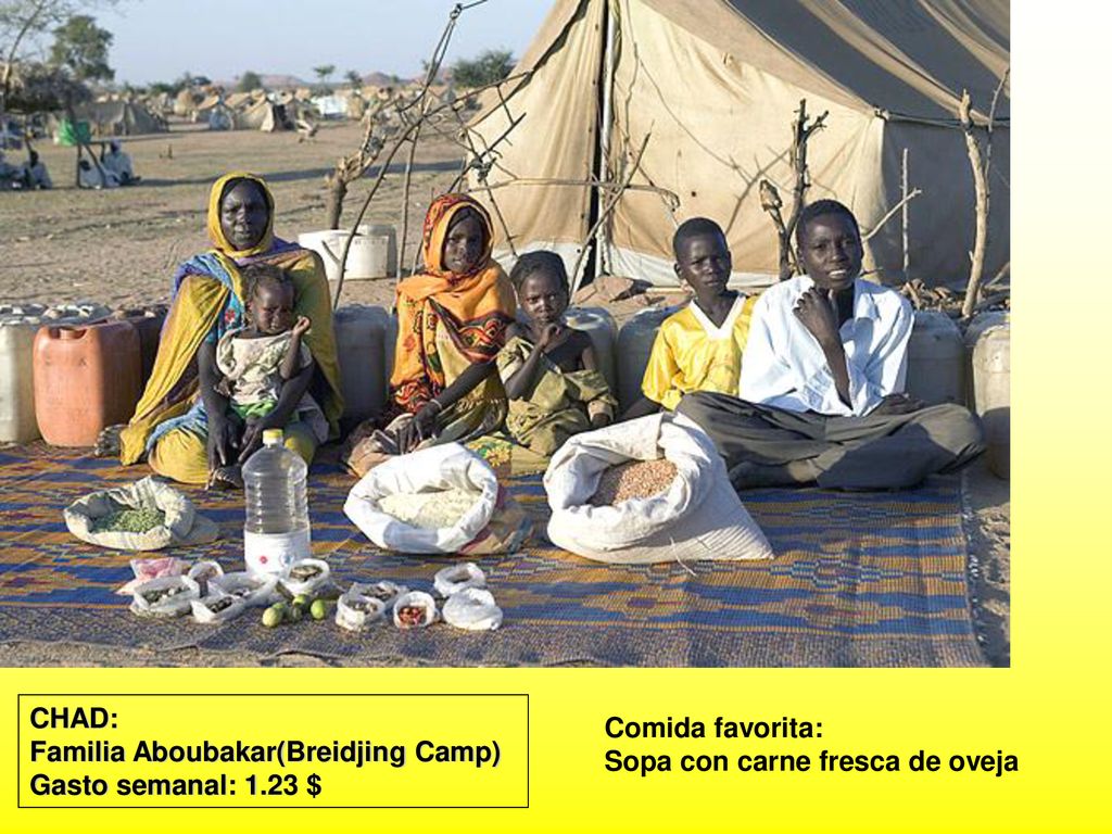 CHAD: Familia Aboubakar(Breidjing Camp) Gasto semanal: 1.23 $ Comida favorita: Sopa con carne fresca de oveja.