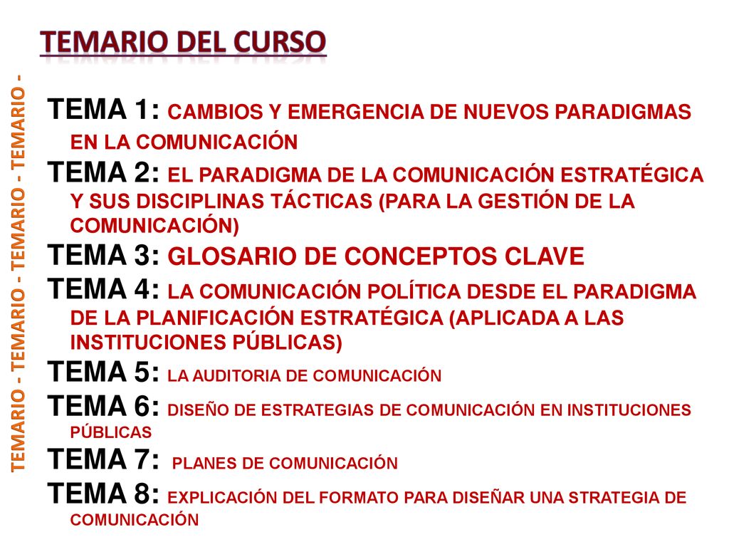 TEMARIO DEL CURSO TEMA 1: CAMBIOS Y EMERGENCIA DE NUEVOS PARADIGMAS EN LA COMUNICACIÓN.