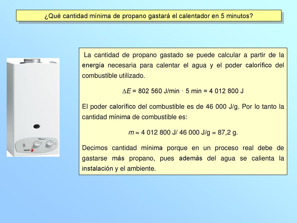 ¿Qué cantidad mínima de propano gastará el calentador en 5 minutos