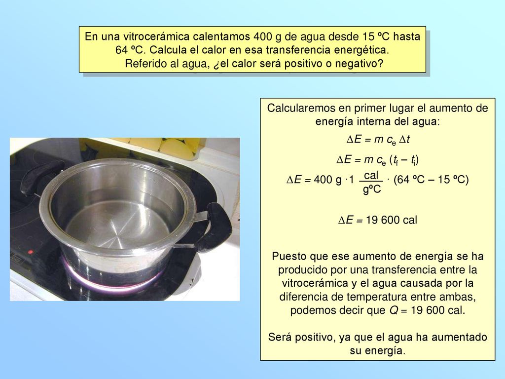 En una vitrocerámica calentamos 400 g de agua desde 15 ºC hasta