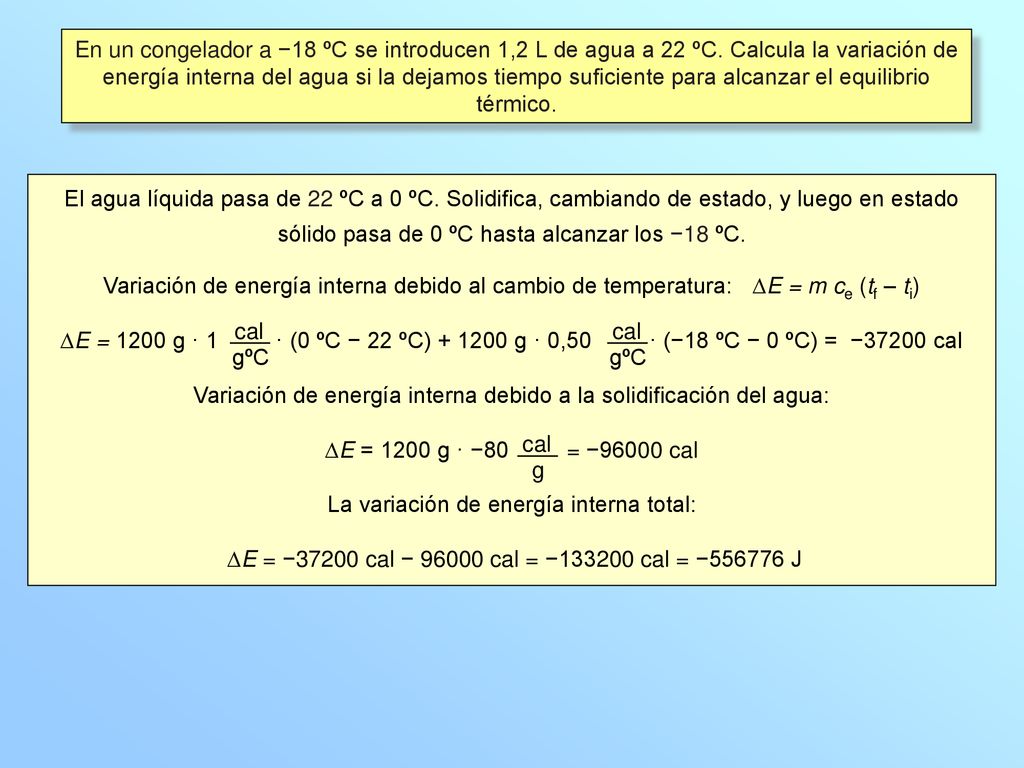 Variación de energía interna debido a la solidificación del agua: