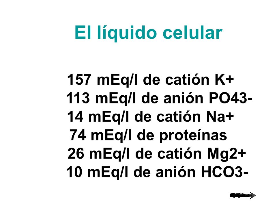 El líquido celular 157 mEq/l de catión K+ 113 mEq/l de anión PO43-