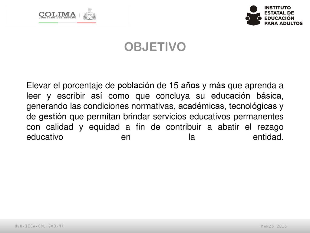 Elevar el porcentaje de población de 15 años y más que aprenda a leer y escribir así como que concluya su educación básica, generando las condiciones normativas, académicas, tecnológicas y de gestión que permitan brindar servicios educativos permanentes con calidad y equidad a fin de contribuir a abatir el rezago educativo en la entidad.