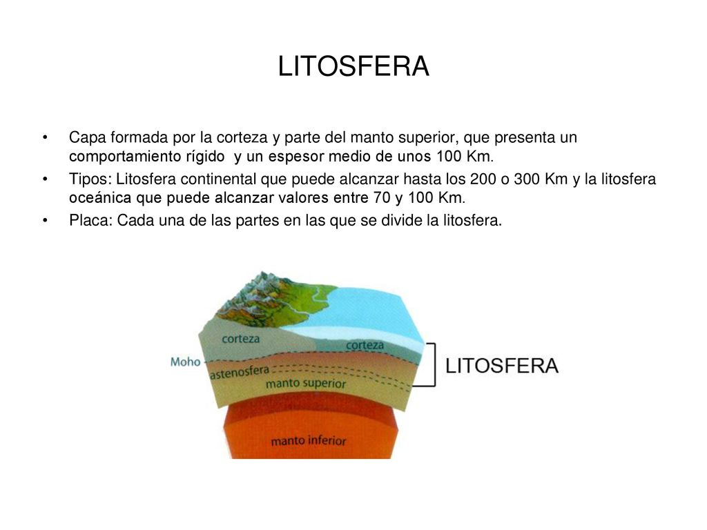 LITOSFERA Capa formada por la corteza y parte del manto superior, que presenta un comportamiento rígido y un espesor medio de unos 100 Km.