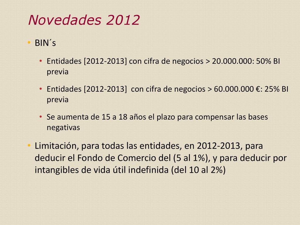 Novedades 2012 BIN´s. Entidades [ ] con cifra de negocios > : 50% BI previa.