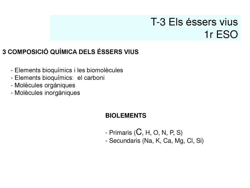 T-3 Els éssers vius 1r ESO 3 COMPOSICIÓ QUÍMICA DELS ÉSSERS VIUS