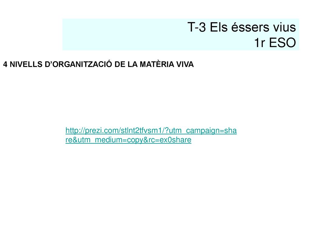 T-3 Els éssers vius 1r ESO 4 NIVELLS D’ORGANITZACIÓ DE LA MATÈRIA VIVA