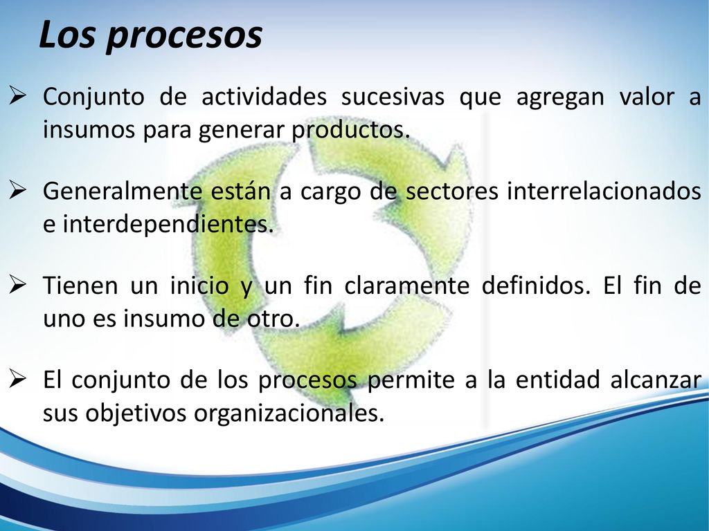 Los procesos Conjunto de actividades sucesivas que agregan valor a insumos para generar productos.