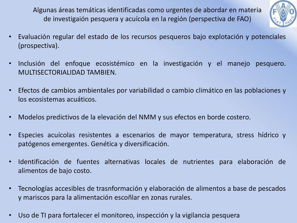 de investigaión pesquera y acuícola en la región (perspectiva de FAO)