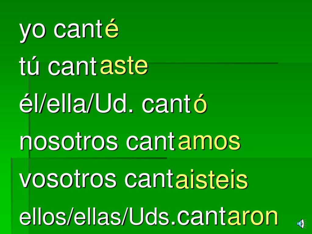 yo cant tú cant él/ella/Ud. cant nosotros cant vosotros cant é aste ó