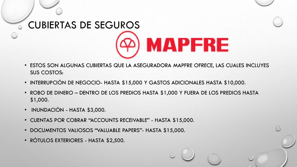 Cubiertas de seguros Estos son algunas cubiertas que la aseguradora MAPFRE ofrece, las cuales incluyes sus costos: