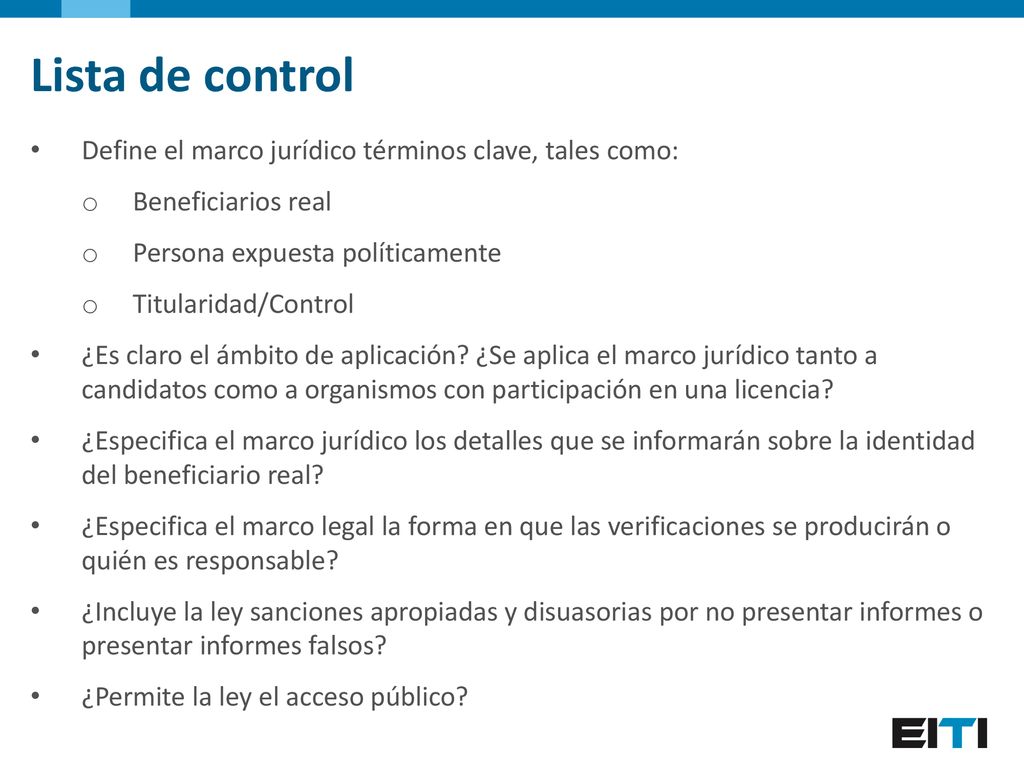 Lista de control Define el marco jurídico términos clave, tales como: