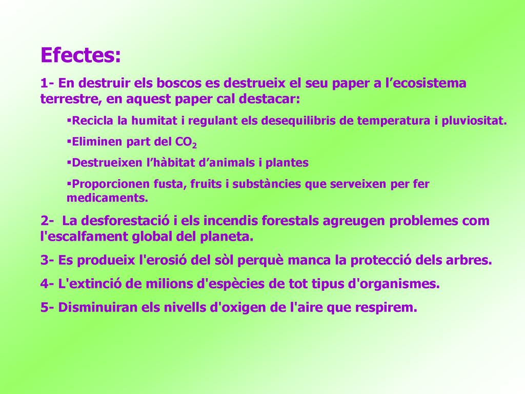 Efectes: 1- En destruir els boscos es destrueix el seu paper a l’ecosistema terrestre, en aquest paper cal destacar: