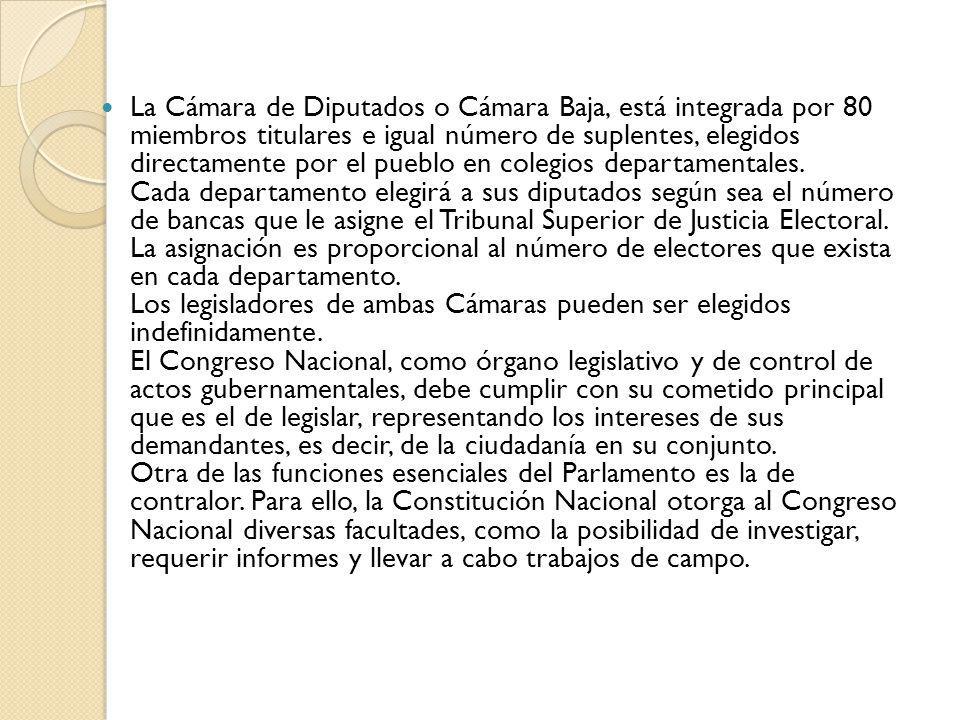 La Cámara de Diputados o Cámara Baja, está integrada por 80 miembros titulares e igual número de suplentes, elegidos directamente por el pueblo en colegios departamentales.