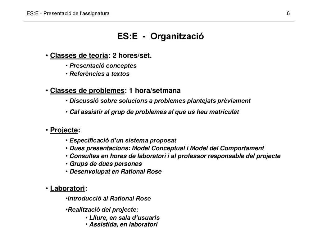 ES:E - Organització Classes de teoria: 2 hores/set.