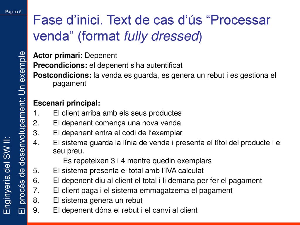 Fase d’inici. Text de cas d’ús Processar venda (format fully dressed)