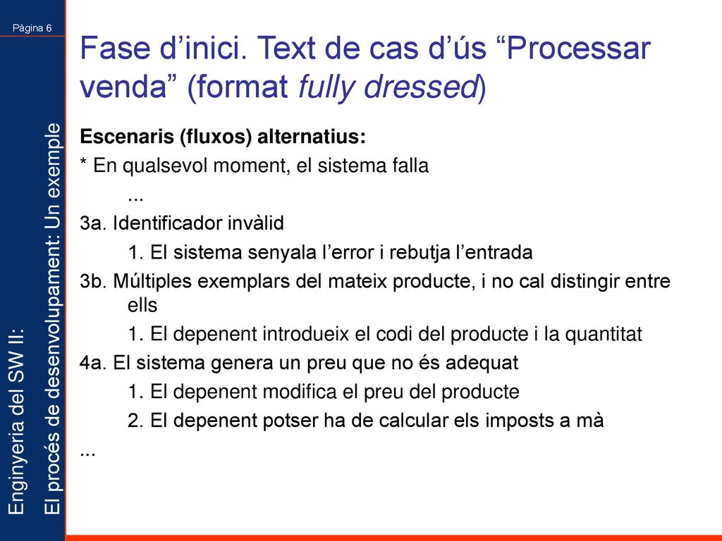 Fase d’inici. Text de cas d’ús Processar venda (format fully dressed)