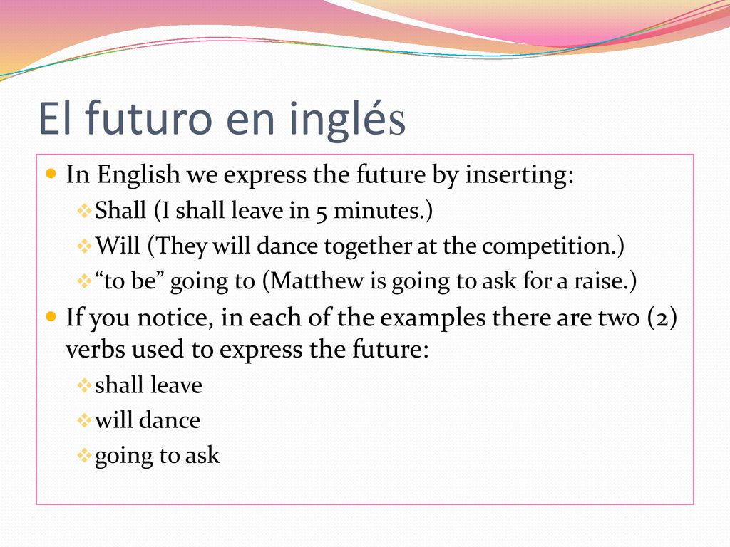 El futuro en inglés In English we express the future by inserting:
