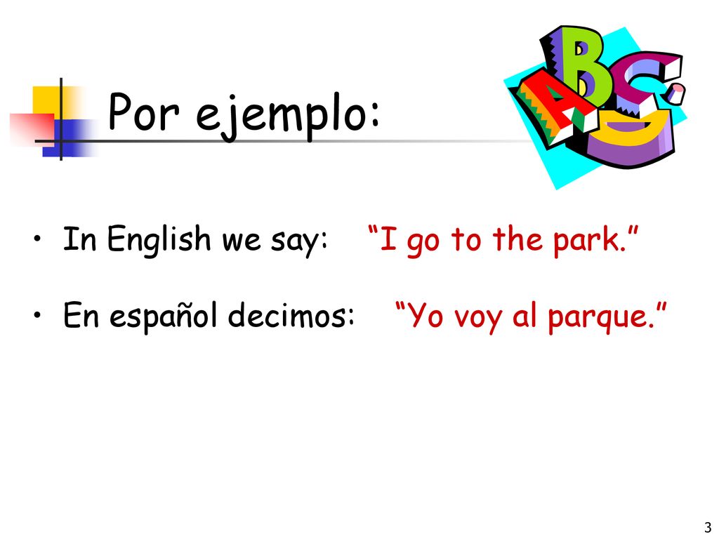 Por ejemplo: In English we say: I go to the park.