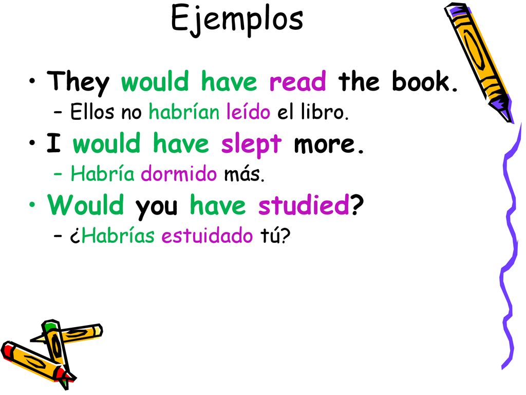 Ejemplos They would have read the book. I would have slept more.
