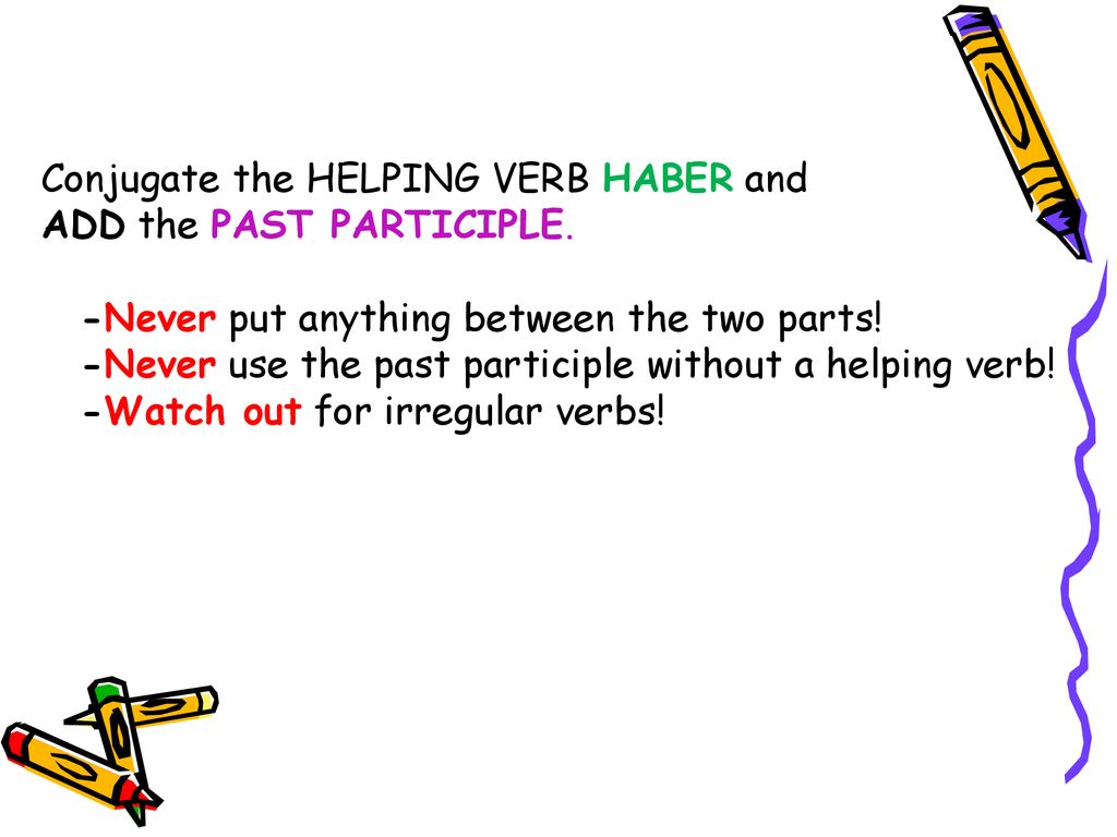 ADD the PAST PARTICIPLE. -Never put anything between the two parts!