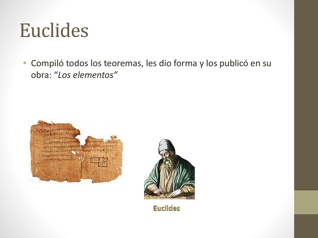Euclides Compiló todos los teoremas, les dio forma y los publicó en su obra: Los elementos Euclides.