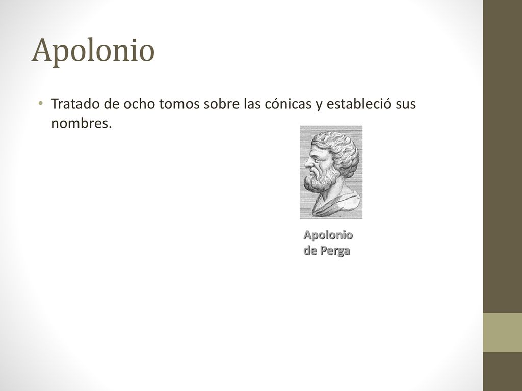 Apolonio Tratado de ocho tomos sobre las cónicas y estableció sus nombres. Apolonio de Perga