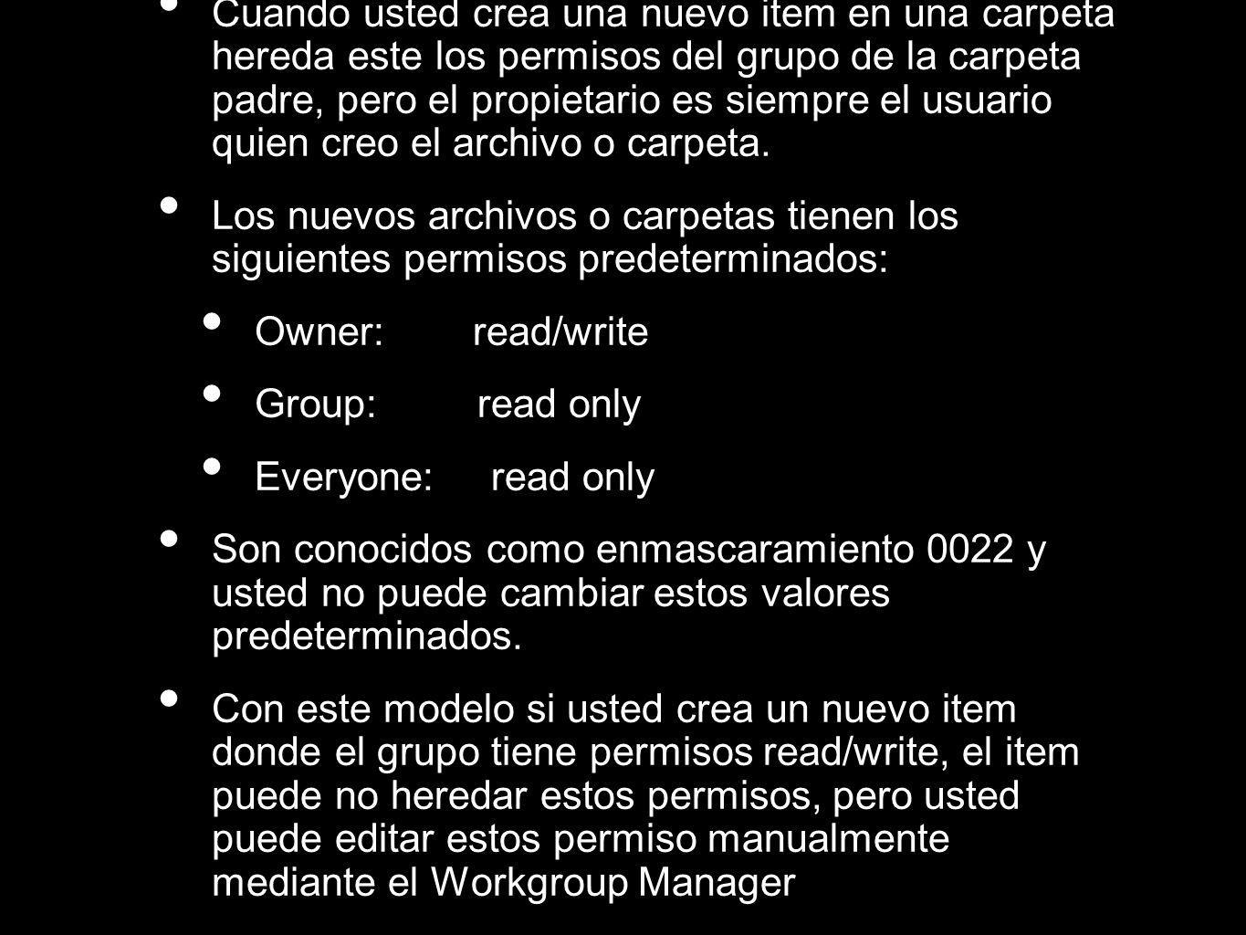 Cuando usted crea una nuevo item en una carpeta hereda este los permisos del grupo de la carpeta padre, pero el propietario es siempre el usuario quien creo el archivo o carpeta.